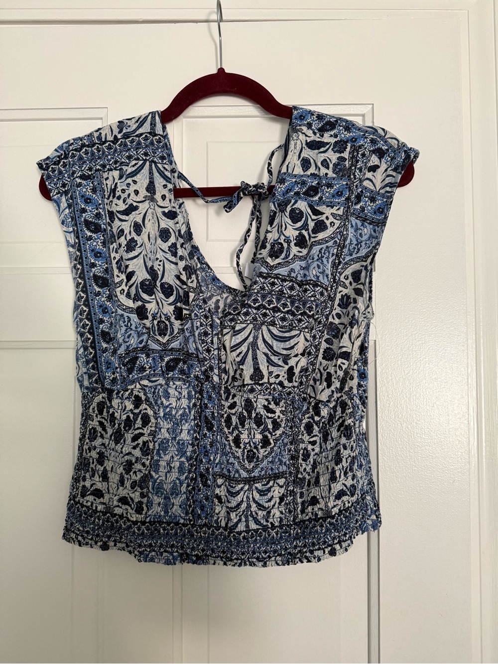 Old Navy Blue and White Patchwork Tie-Back Blouse